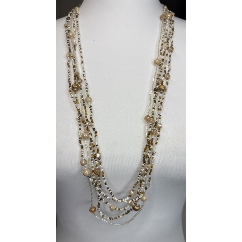 Boho‎ Multi Strand Beaded Necklace Neutral Seed Bead Layered